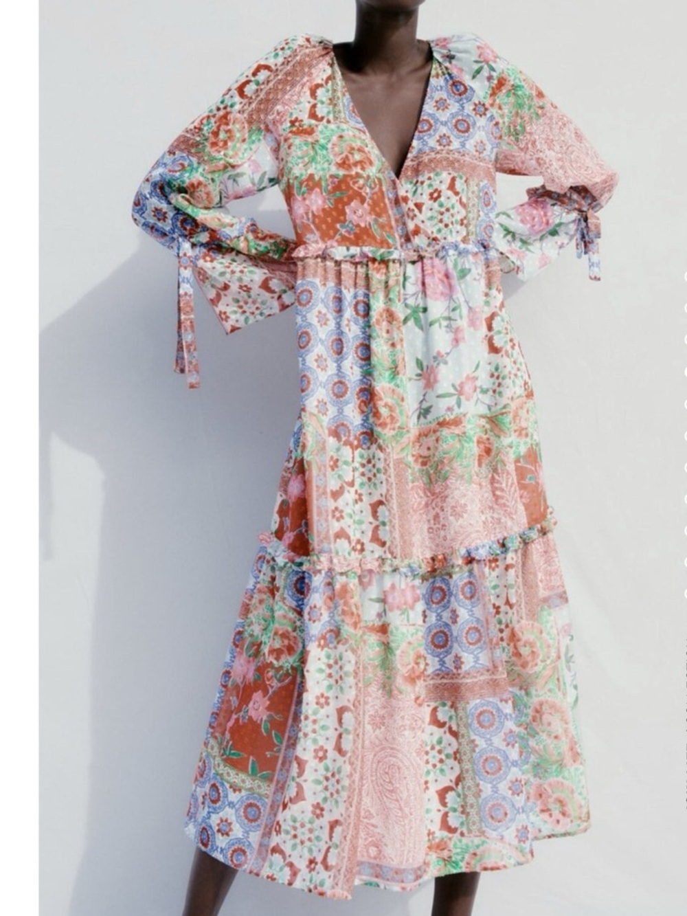Zara Pink Floral Patchwork Tiered Midi Dress